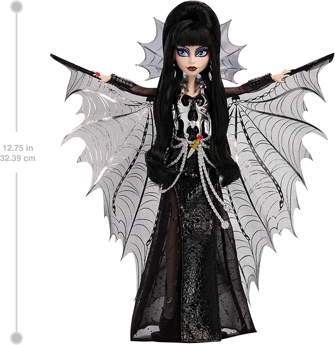 Monster High Doll, Elvira, Mistress of The Dark Collectible in Black Faux Leather Dress with Silvery Batwing Cape and Premium Accessories