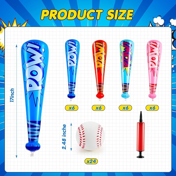 Seematn 24 Sets Inflatable Baseball Bats and Baseballs Set Includes 17 Inch Pow Inflatable Baseball Bats and 2.5 Inch Mini Foam Baseballs for Sports Party Favor Carnival Birthday (Candy Colors)