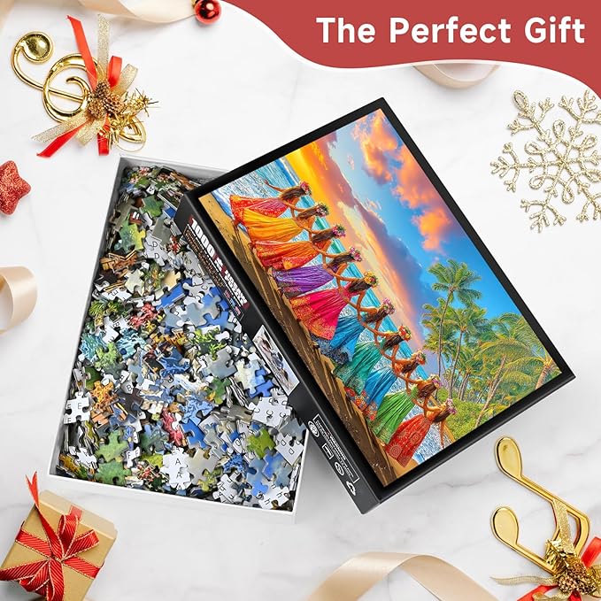Hawaiian Hula Dancers Sunset 1000 Piece Jigsaw Puzzle for Adults - Tropical Beach Scene with Poster & Lettered Back, 28"x20" Panoramic HD Quality, Unique Gift for Travel & Nature Lovers