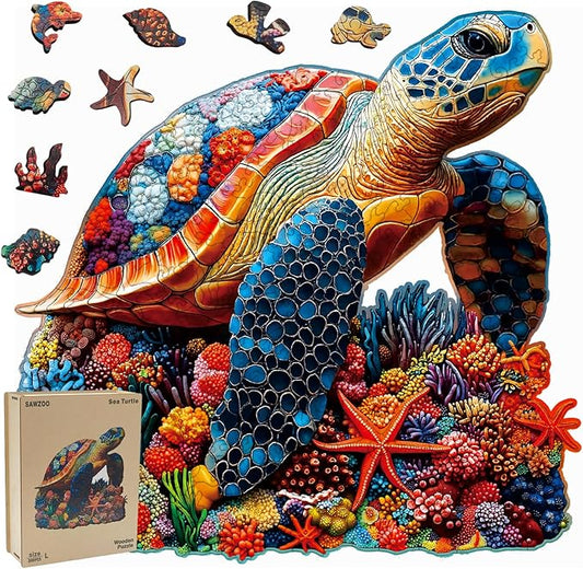 Wooden Jigsaw Puzzles for Adults and Kids, Sea Turtle 300 Piece Unique Shaped Puzzle, Family Game and Creative Wooden Puzzle Gift, Wall Art Decor