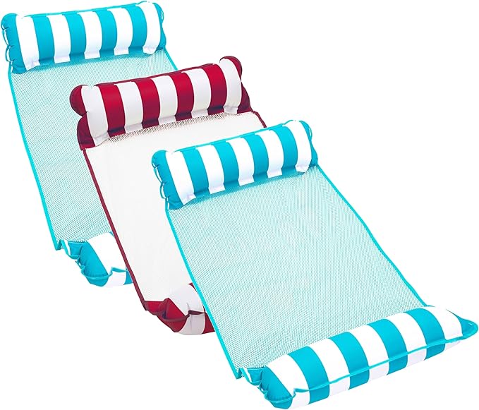 Aqua Monterey Hammock Pool Float - Three Pack - Two Light Blue & One Burgundy/White Stripe, 3-Pack
