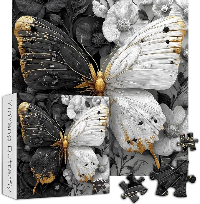 Yin Yang Butterfly Puzzle for Adults 1000 Pieces, Black and White Wings Flower Animal Puzzle, Beautiful Butterfly Among Floral Jigsaw Puzzle, Impossible Difficult Hard Challenge for Adults