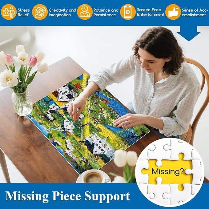 500 Piece Puzzle for Adults | Seaside Village Puzzle |Recycled Cardboard White Villa Jigsaw Puzzles 500 Pieces |Challenging America Town Folk Art Puzzles Perfect for Game Nights Best Xmas Gift 20.5*15