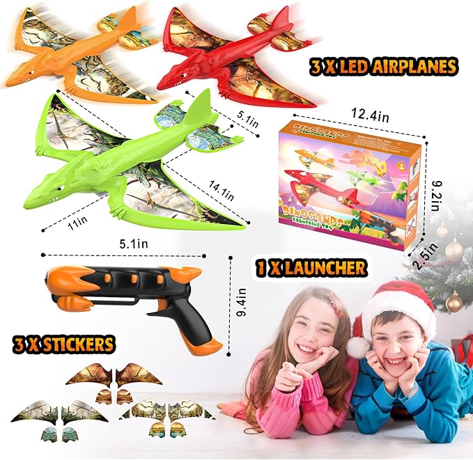 3 Pack Dinosaur Airplane Launcher Toys,Flying Toys for 3 4 5 6 7 8 9 10 Year Old Boys,Kids Toys 5 6 7 8 9 10 12 Year Old Boy Gift Ideas,Airplane B-Day Party Supplies, Green,Orange,red