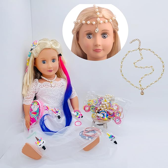 SAIBURAZ 18 inch Doll Hair Accessories for American OG Dolls Hair Brush Rainbown Unicorn Kit Accessories Girl Dolls-Shaped Head Children's Gift（No Doll）