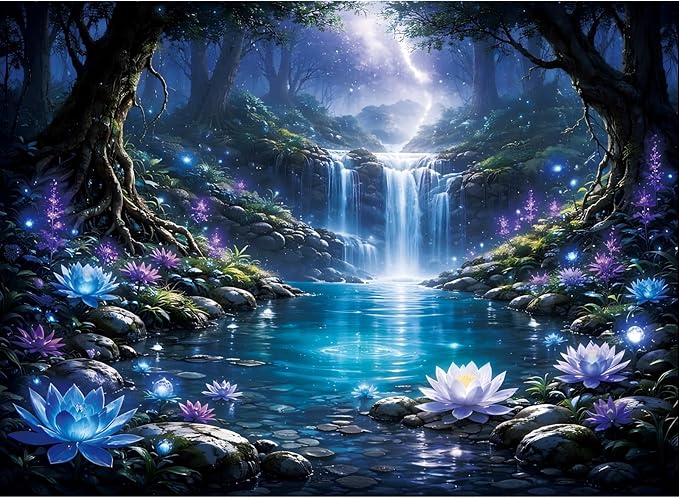 500 Piece Puzzles for Adults, Enchanted Waterfall Lotus 500 Piece Puzzle, Magical Forest Stream Jigsaw Puzzle, Perfect for Family Time, Stress Relief, Gift for Adults, Seniors, 20.5 x 15 in