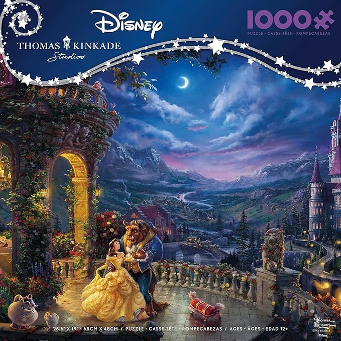 Ceaco - Thomas Kinkade Disney Beauty & The Beast Dancing in The Moonlight 1000 Piece Jigsaw Puzzle, Made in USA, Premium Recycled Board, Full-Color Poster