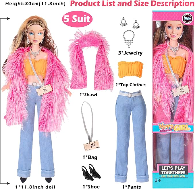 ebuddy 6 Pack 11.5 Inch Fashion Dolls Set - 6 Stylish White Skin Dolls with Unique Outfits & Accessories
