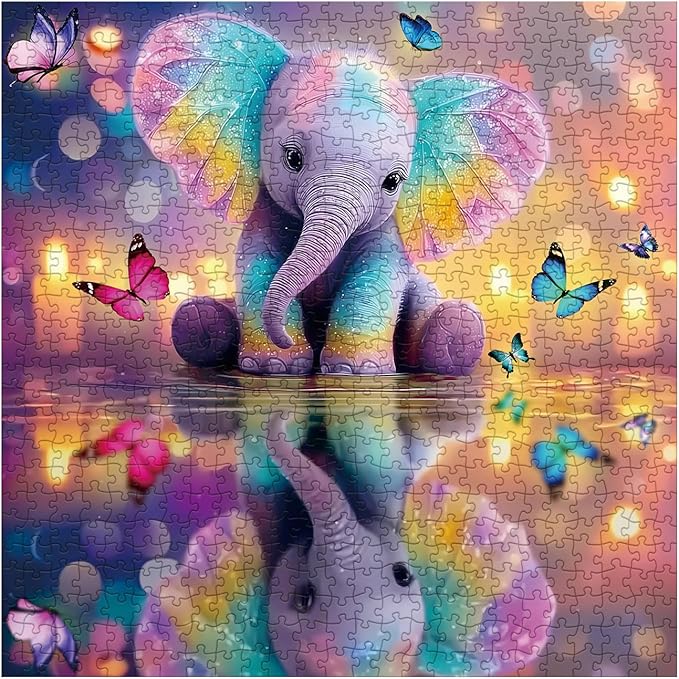 Colorful Elephant Puzzles for Adults 1000 Pieces, Rainbow Pretty Animal Jigsaw Puzzles, Challenging Beautiful Butterfly Puzzle