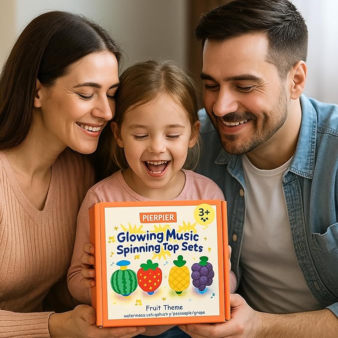 Fruit Spinning Tops for Kids, Stocking Stuffers & White Elephant Exchange Toys – 4 Pack Fruit-Themed Light-Up Toys with Music for Boys & Girls Toddlers