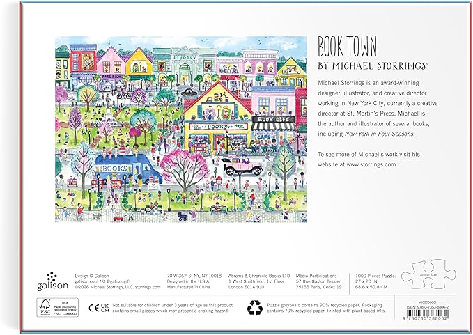 Galison Book Townscape – 1000 Piece Michael Storrings Jigsaw Puzzle Featuring Beautiful Artwork of A Book Themed Neighborhood