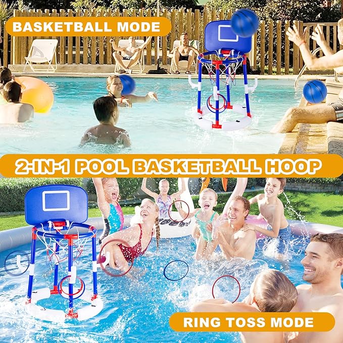 Taotuo Blue Floating Pool Basketball Hoop with Backboard, 2-in-1 Basketball & Ring Toss Game with 4 Balls, 6 Rings&Pump, Summer Pool Toys Outdoor Water Fun Family Party for Age 3-12