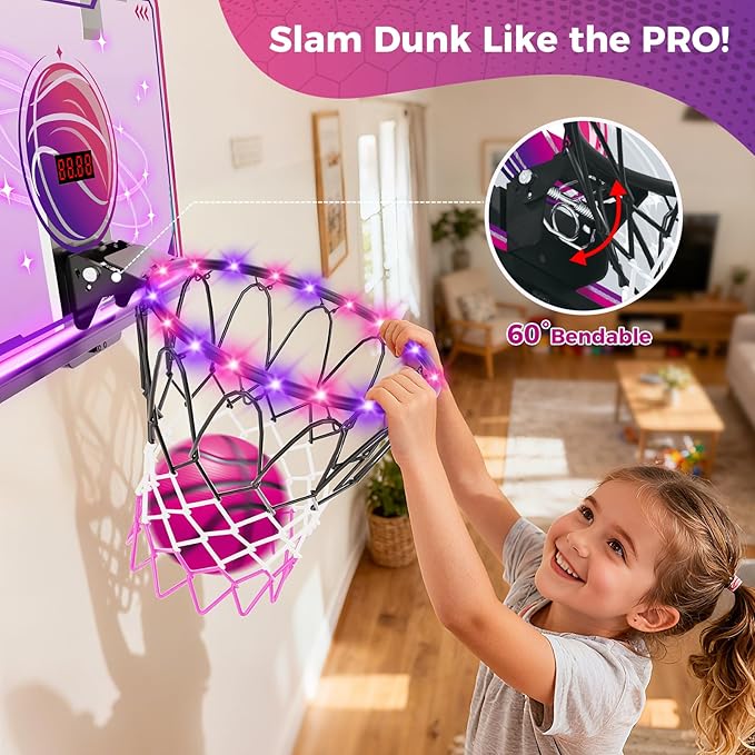 VATOS Basketball Hoop for Girls Indoor, LED Basketball Hoop with 7 Color Lights, Glowing Rim, Scoreboard & Remote Controller, Basketball Set Sports Toys Birthday Gifts for Girls Kids Teens 5-12