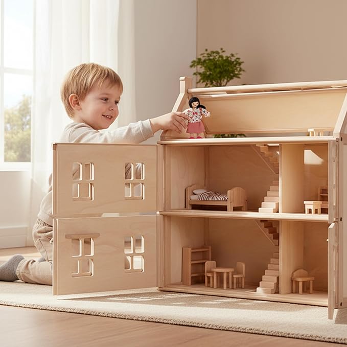PlanToys® Mother Wooden Dollhouse Figurine | Poseable 1:12 Scale Mini Doll (5 Inch) | Dollhouse Accessories for Pretend Play | Eco-Friendly Montessori Toy for Kids Ages 3+