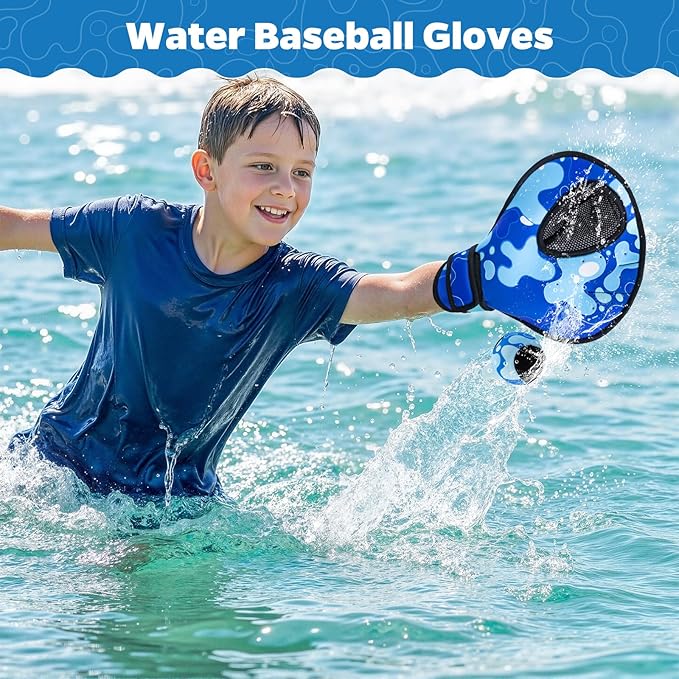 Ayeboovi Water Baseball Gloves Bouncing Ball Set for Beach Toys Pool Games,2 Baseball Style Glove for Catch Skipping Ball, Birthday Gift for Boy Girl Kid Age 8-12 & Adult Teen, Blue