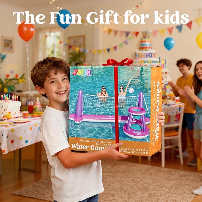 JOYIN Inflatable Pool Float Set Volleyball Net & Basketball Hoops, Floating Swimming Game Toy Floaties for Kids and Adults Volleyball Court (105”x28”x35”)|Basketball (27”x23”x27”),L-Pink Purple