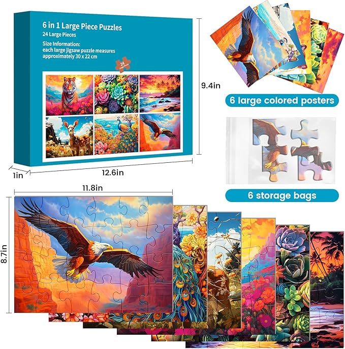 6 Pack 24 Large Piece Puzzles for Seniors Puzzle Dementia Alzheimer's Products Activities Alzheimer's Jigsaw Puzzle Eagle Beach Deer Easy Puzzle Cognitive Games Gifts for Adult Elderly Seniors