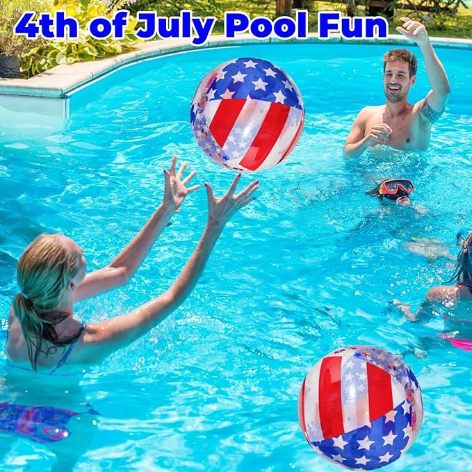 Sean's Choice 2 Pack Patriotic Beach Balls 20 Inch Inflatable Ball Filled with Stars Confetti 4th of July Summer Inflatable Swimming Pool Party Supply