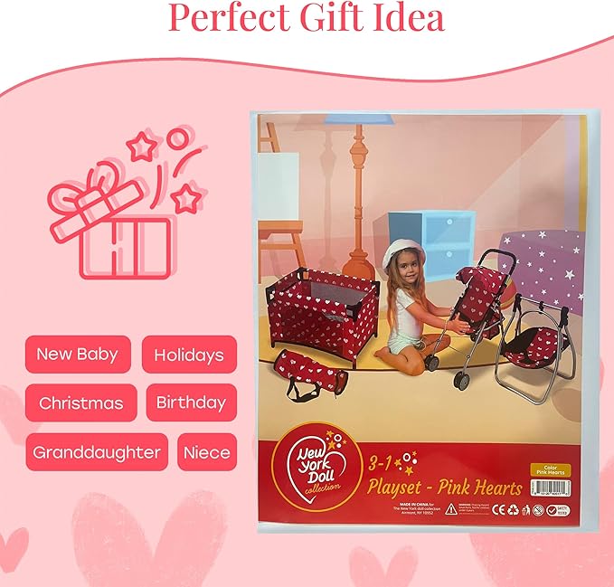 Deluxe Baby Doll Stroller with Crib Furniture Playset, Multi Baby Doll Accessories Set for 18" Dolls, Includes Doll Stroller Swing and Doll Bed Pretend Play for All Dolls - Pink