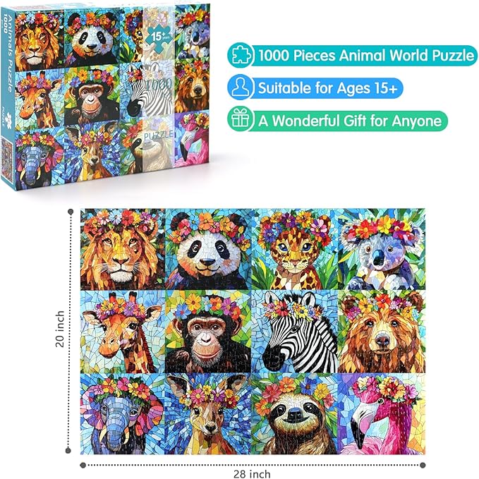 1000 Piece Puzzles for Adults - Colorful Mosaic Wildlife Jigsaw Puzzle, Jungle Animals with Flowers Design Perfect for Family Game Nights