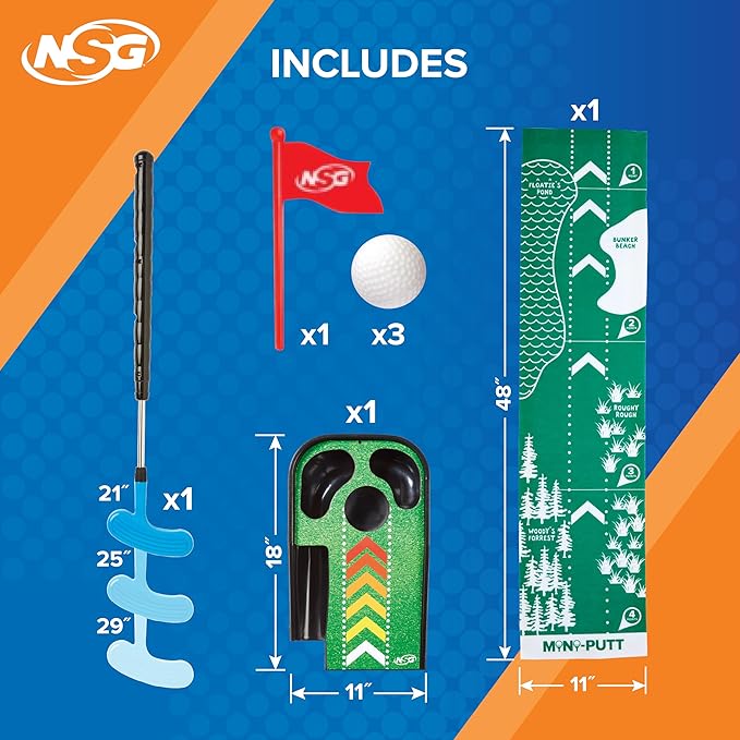 NSG Electronic Mini Golf Putting Game for Kids – Indoor Golf Toy with 4ft Mat, Aiming Pin Flag, Auto Ball Return, Cheers & Sounds, Lights, 3 Balls, Adjustable Putter – Fun Family Play, Ages 3+