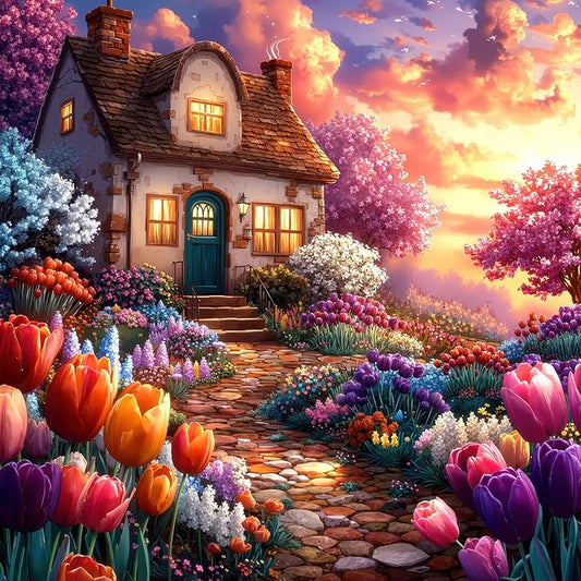 1000 Pieces Jigsaw Puzzles for Adults, Dreamy Cottage Garden with Tulips Puzzle with Letters on Back, 22.8×22.8 Inch Hard Difficult Challenging Adult Puzzle for Gift & Home Decor
