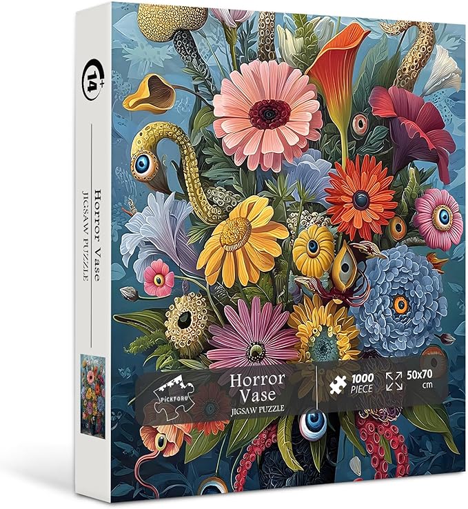 PICKFORU Horror Vase Jigsaw Puzzles 1000 Pieces, Scare Gothic Eyes Flower Puzzles for Adults, Vintage Difficult Unique Puzzle as Wall Decor