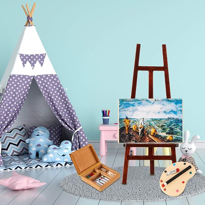 Skylety 3-Piece Dollhouse Painting Tool Accessories Set - Wooden Easel, Miniature Palette, Watercolor Box for Dolls