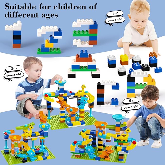 Marble Run Building Blocks, Dinosaurs Marble Track Toy Classic Large Bricks for 3 4 5 6 7 + Year Old Boys Girls Kids, Bricks Compatible with All Major Brands