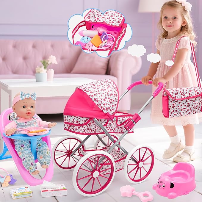 deAO Baby Doll Stroller Set Baby Doll Accessories Playset Pretend Play Toys with 12" Baby Doll,Foldable Stroller,2 Sets Doll Clothes High Chair Christmas Birthday Gift for Toddler Girls 3-7