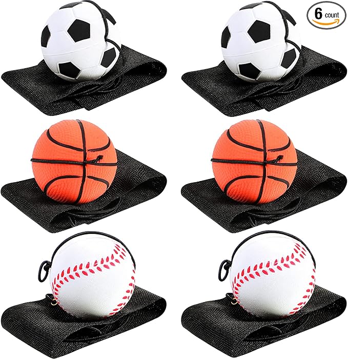 Skylety 6 Pcs Wrist Return Ball on a String 2.48 Inch Rebound Sport Balls with Elastic Strap Soccer Basketball Baseball Practice Party Favors Wrist Exercise and Fun Play for Kids Adults