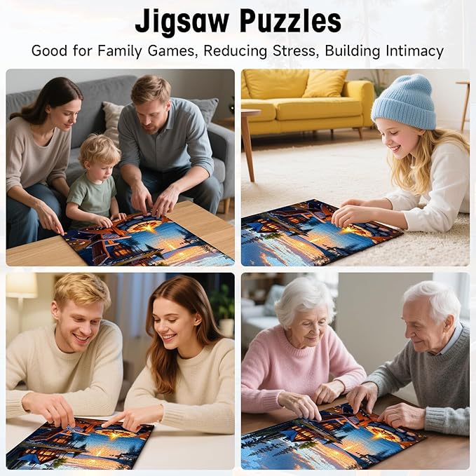 Lake Cabin Puzzles for Adults 1000 Pieces, Sunset Forest Landscape Jigsaw with Bonfire Lodge, Camping Scene Puzzle with Letters on Back, 20x28 Wall Art, Relaxing Family Game, Easter