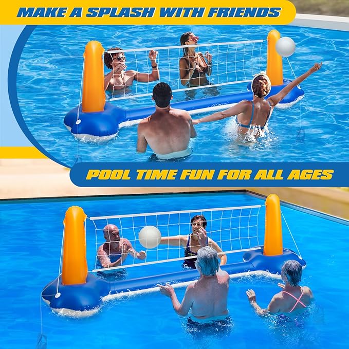 118" Pool Volleyball Set – Inflatable Volleyball Court with 2 Weight Bags, Upgraded PVC Ball & Pump – Fun Pool Games for Adults & Family | Summer Party Gift