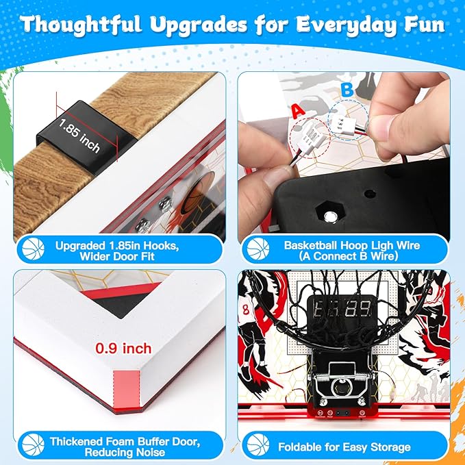 Indoor Basketball Hoop for Kids & Adults, Over The Door Mini Basketball Hoop with Remote Control Scoreboard, 6 LED Light Modes, Foldable Rim Sports Toys for Ages 8-13 Teen Boys Birthday Gifts