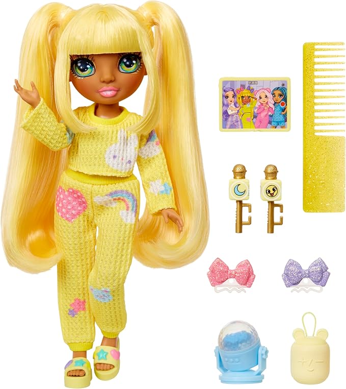 Rainbow High Jr High PJ Party - Sunny, Yellow 9" Posable Blonde Fashion Doll with Soft Onesie, Slippers, Fun Play Accessories, Great Toy Gift for Girls Kids Ages 4-12 Years