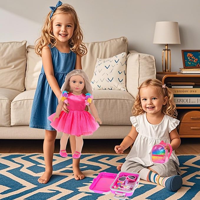 ebuddy 18 inch Doll Clothes and Accessories-Travel Suitcase Playset for 18 inch Dolls Flower Princess Dress with Backpack Luggage Include Shoes, Glasses and Ticket (No Doll)