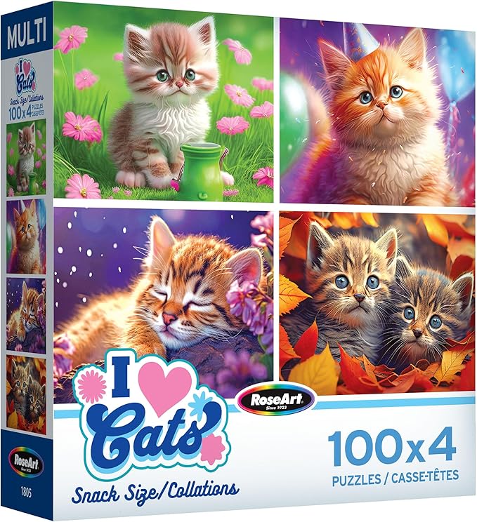RoseArt - Snack Size Multi-Puzzle Set - I Love Cats - 4 x 100 Piece Jigsaw Puzzle for Adults
