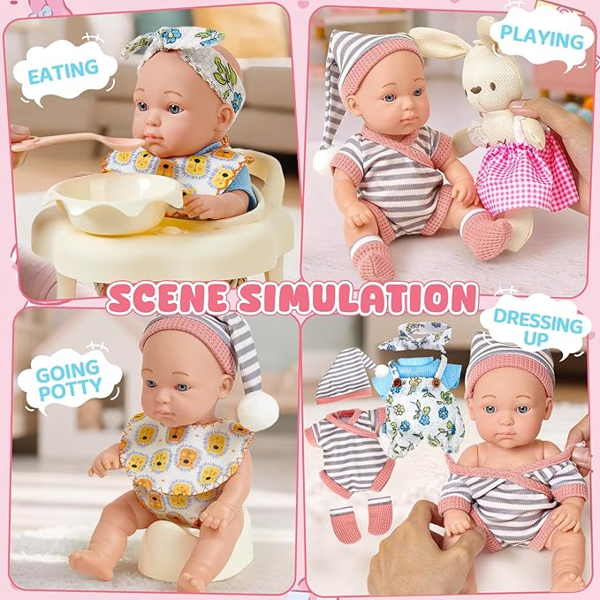Cleboen Baby Doll Accessories Set for Girls, 9'' Baby Doll with 2 Sets Clothes Doll Walker Chair Feeding Bottle Pacifier Diaper Blanket, Realistic Pretend Play Toys Toddler Girl Birthday Gifts 3 4 5 6