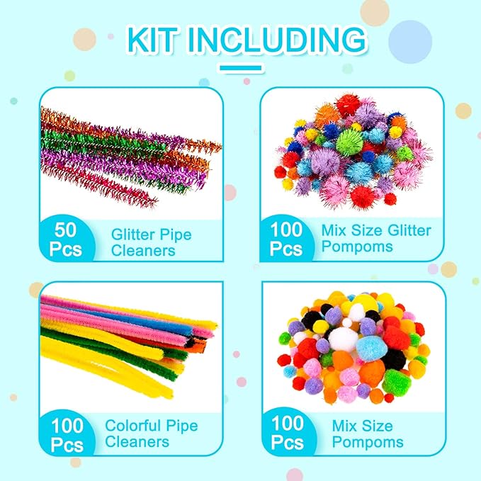 Whaline 1050 PCS Art Craft Kit Supplies 17 Styles Pipe Cleaners Pompoms Wiggle Googly Eyes Foam Flowers Letters Construction Papers Safety Scissors Sticks Heart Stickers Feather Felt Cloth Button