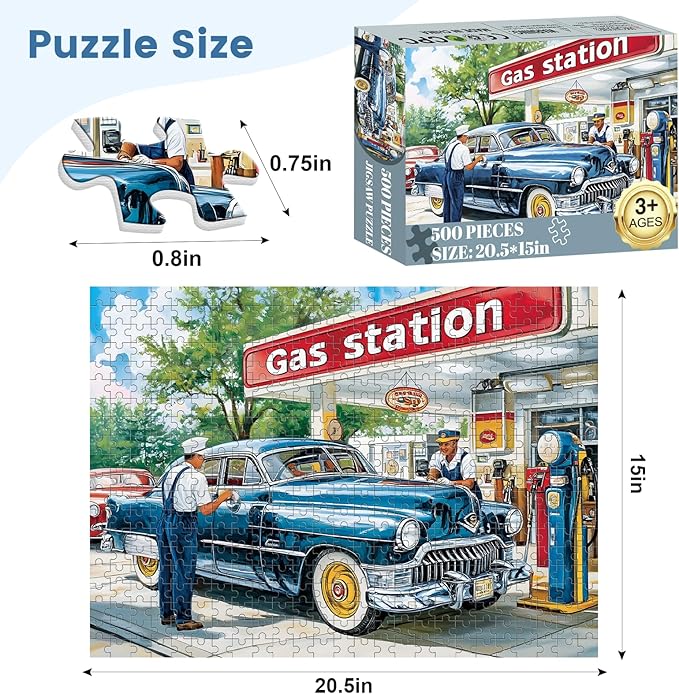 500 Pieces Jigsaw Puzzles for Adults, Gas Station Puzzle for Adults Seniors, Retro Style Puzzle 500 Pieces, Gift for Birthday, Home Decor, Fun for Family Entertainment(20.5 * 15 in)