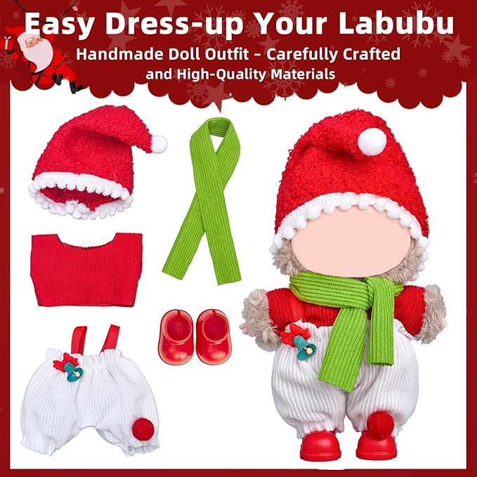 Clothes for Labubu 17cm Doll (NO Doll), 5 Piece Labubu Clothes Set, Cute Labubu Outfits with Accessories, Handmade Crochet La Bubu Doll Dress Up Set（Santa Claus）
