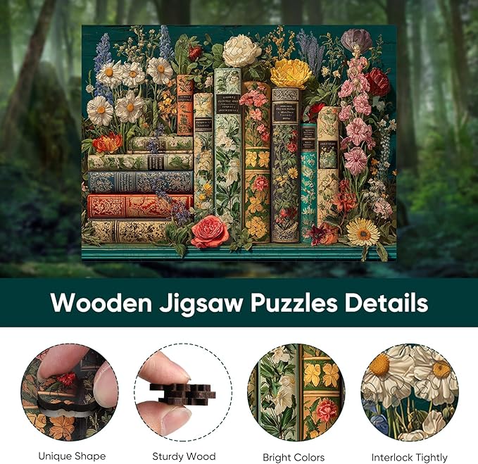 BODHIPNJOY Wooden Puzzles for Adults, Mother's Day Puzzles, Books Jigsaw Puzzles, Wildflowers Book Vintage Unique Plant Art Puzzle Family Challenging Games for Seniors Adults 200 Piece 11.8 * 8.9 in