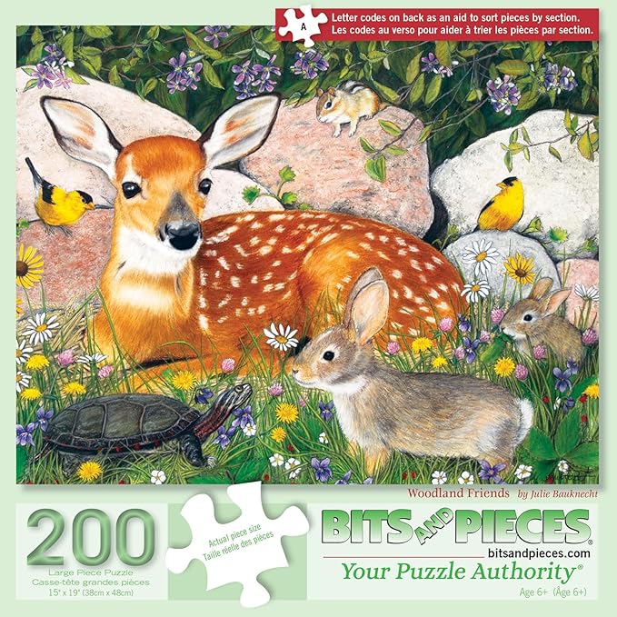 Bits and Pieces – Large 200 Piece Jigsaw Puzzle for Adults – Woodland Friends - Forest Deer Bunny Turtle Bird Jigsaw Puzzle by Julie Bauknecht, Completed Puzzle Size: 15" x 19"