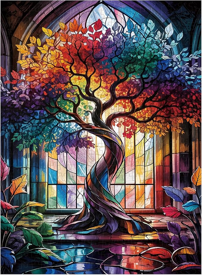 Great Jigsaw Puzzles for Adults 500 Pieces Stained Glass Tree of Life Wooden Challenging Puzzles Gift for Friends Family Home Decoration Puzzle
