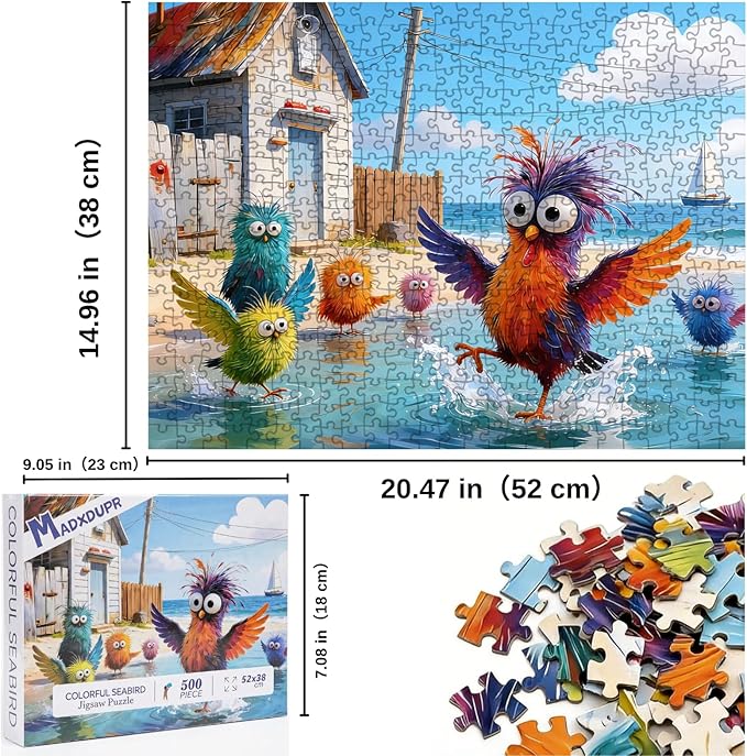 Beach Birds Puzzles for Adults 500 Pieces, Cute Cartoon Colorful Seabird Jigsaw Puzzle with Letters on Back, 21x15 Inch Family Game Night Puzzle, Fun Gift for Puzzle Lovers