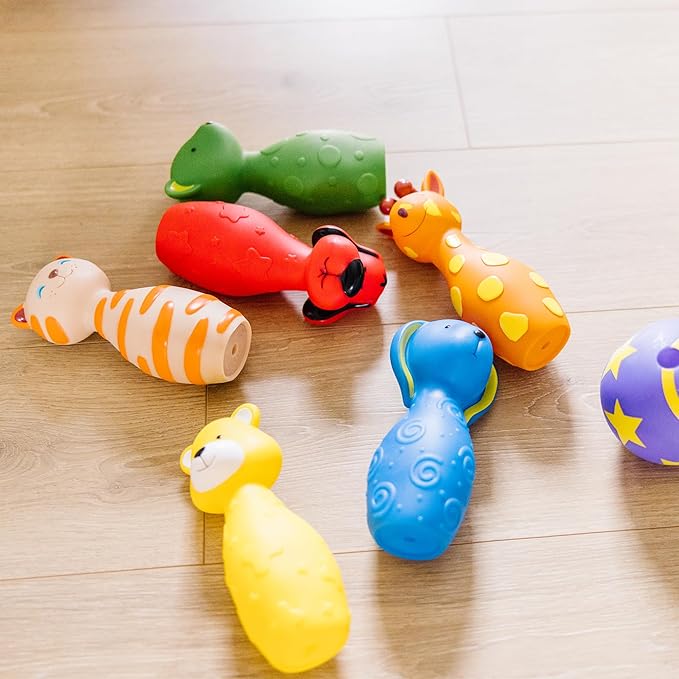 Melissa & Doug K's Kids Bowling Friends Play Set and Game with 6 Pins and Convenient Carrying Case Indoor Outdoor Bowling Set, Soft Plastic Animal Pins, for Ages 2+