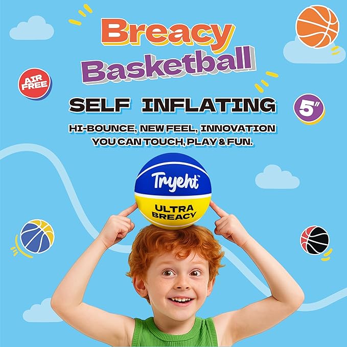 Mini Basketball, 5-Inch Self-Inflating Rubber Ball – No Pump Needed, High-Bounce Breacy Ball for Indoor Mini Hoop & Outdoor Play