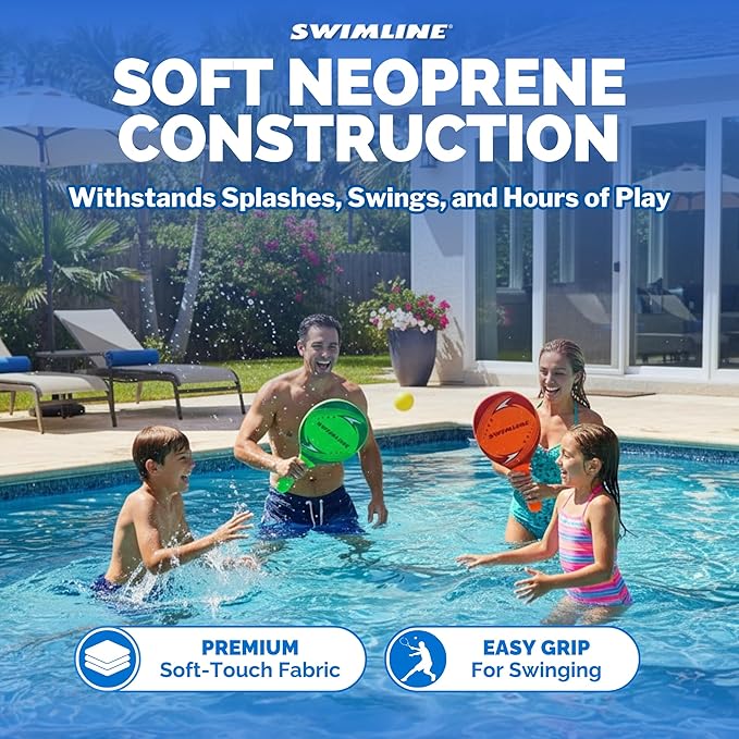 SWIMLINE Neoprene Pool & Beach Accessory for Active Group Play, Backyard Games, and Water Sports – 2-Player Waterproof Paddle Set with Soft Ball, Red & Green