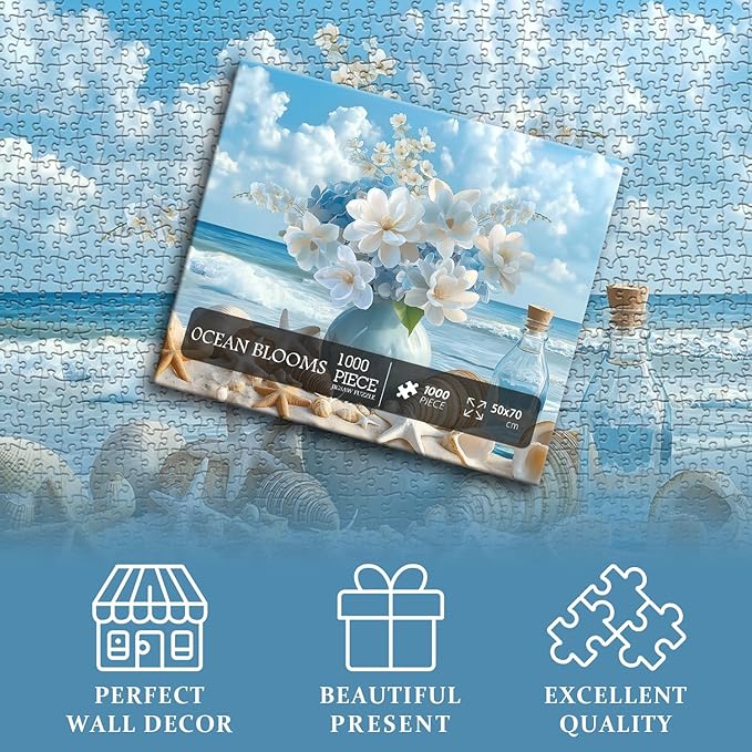 PICKFORU Beach Puzzles for Adults 1000 Pieces, Summer Ocean Flower Jigsaw Puzzle, Shell Starfish Marine Themed Challenging for Adults