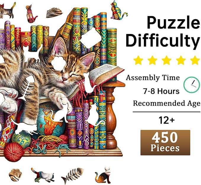 Jigfoxy Wooden Puzzles for Adults, Cat Wood Puzzle for Adults, Unique Animal-Shaped Wooden Jigsaw Puzzle, Christmas Thanksgiving Gifts for Puzzle Lovers, Family and Friends (XL-17.3 * 14in-450pcs)